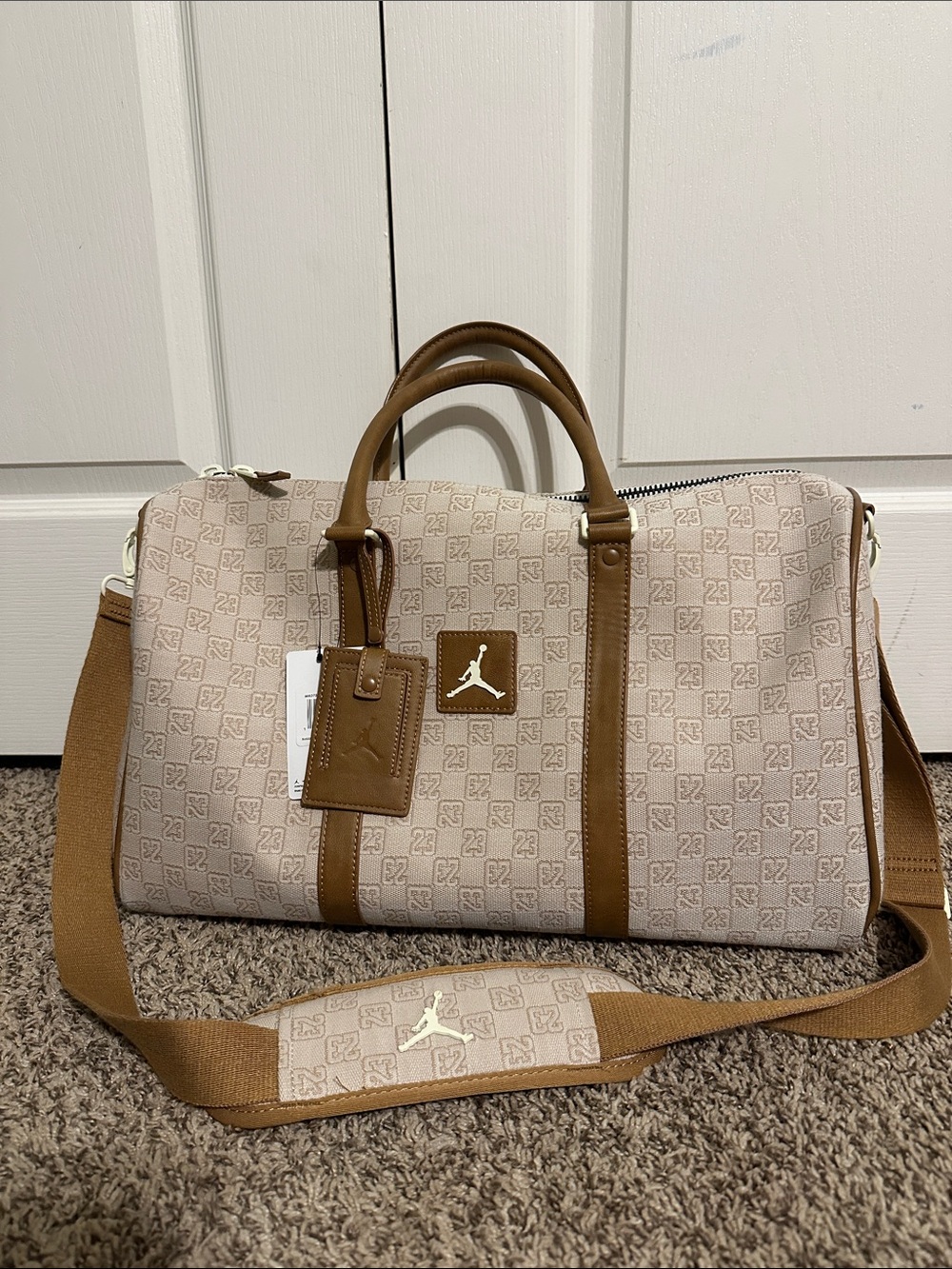 NWT Jordan Monogram Duffle Bag 20L Coconut Milk Beige Tan Travel Gym MA0759